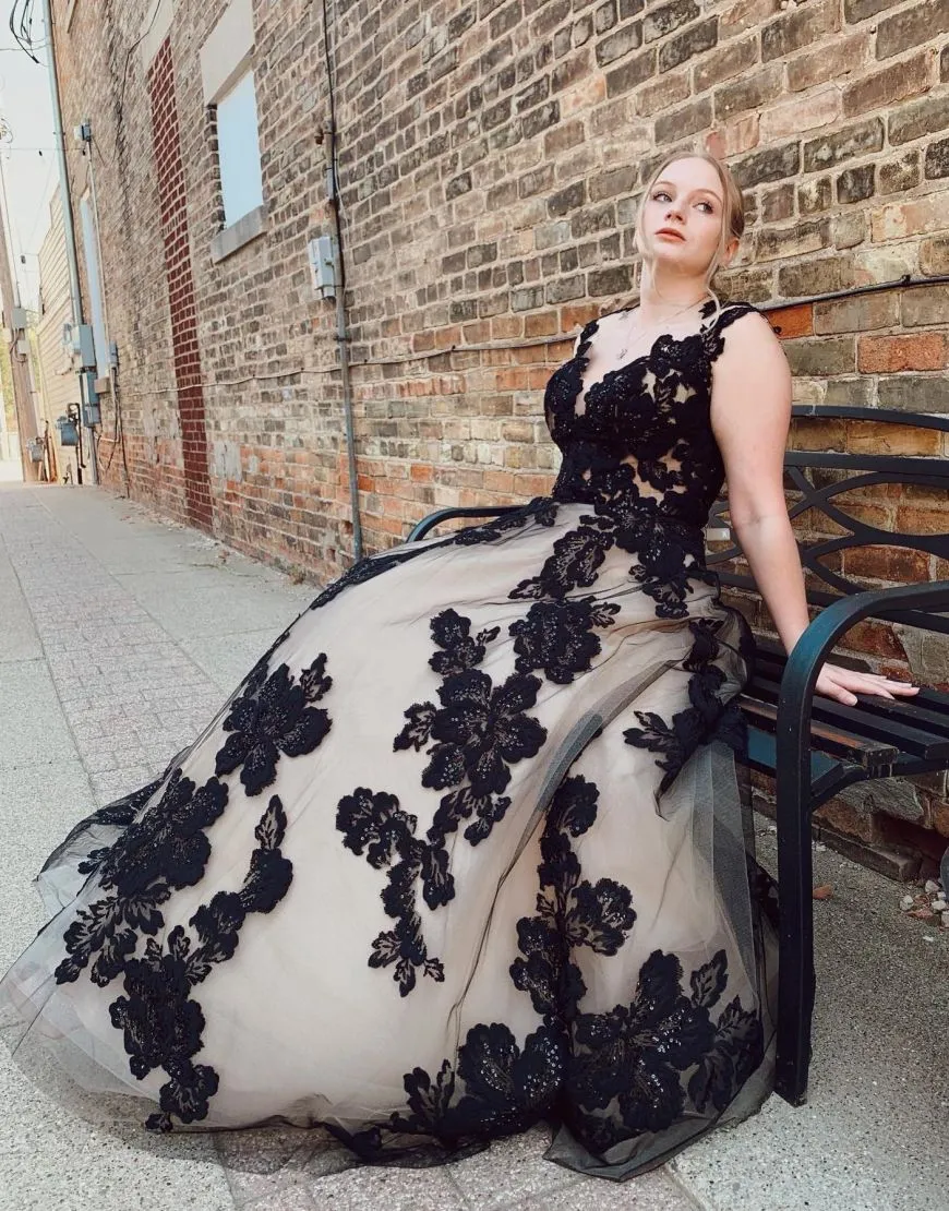 Nala | Black Champagne Open Back Court Train Wedding Dress With Appliques