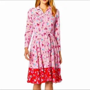 Nanette Lepore Dress Size 10 Pink Shirt Shift Floral Button Long Sleeve