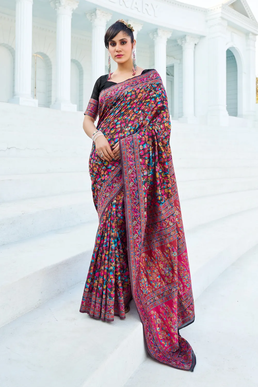 Navy Blue Colour Kashmiri Handloom Weaving Saree With Blouse