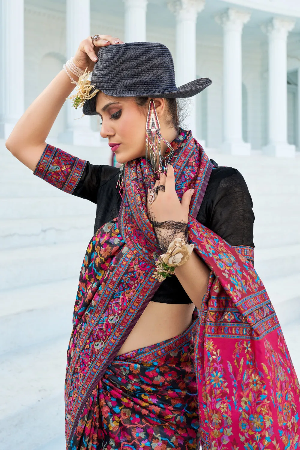Navy Blue Colour Kashmiri Handloom Weaving Saree With Blouse