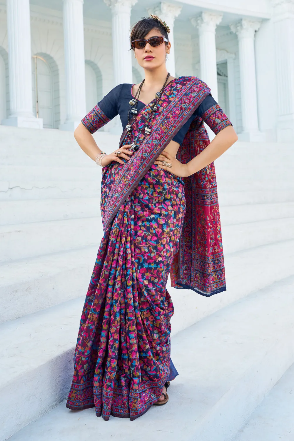 Navy Blue Colour Kashmiri Handloom Weaving Saree With Blouse