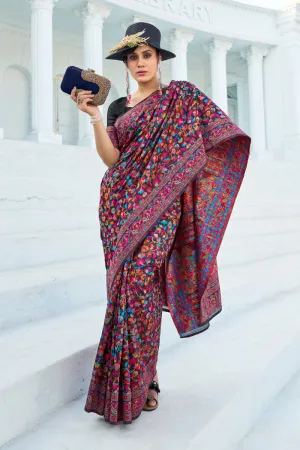 Navy Blue Colour Kashmiri Handloom Weaving Saree With Blouse