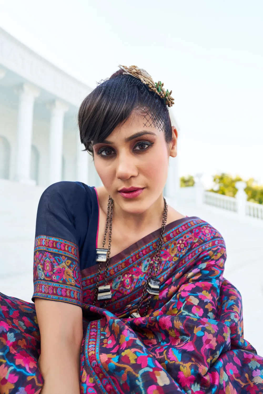 Navy Blue Colour Kashmiri Handloom Weaving Saree With Blouse