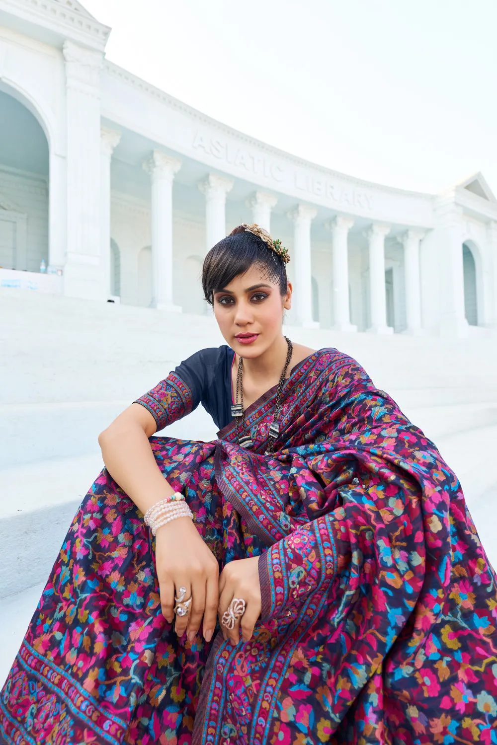 Navy Blue Colour Kashmiri Handloom Weaving Saree With Blouse