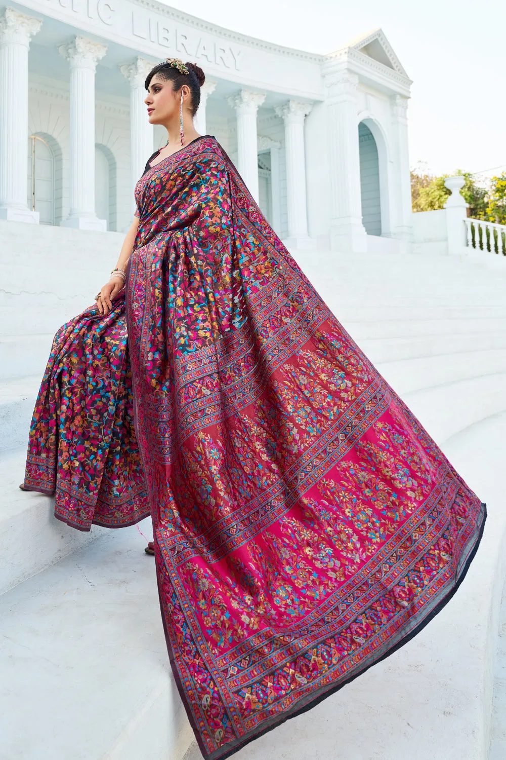 Navy Blue Colour Kashmiri Handloom Weaving Saree With Blouse
