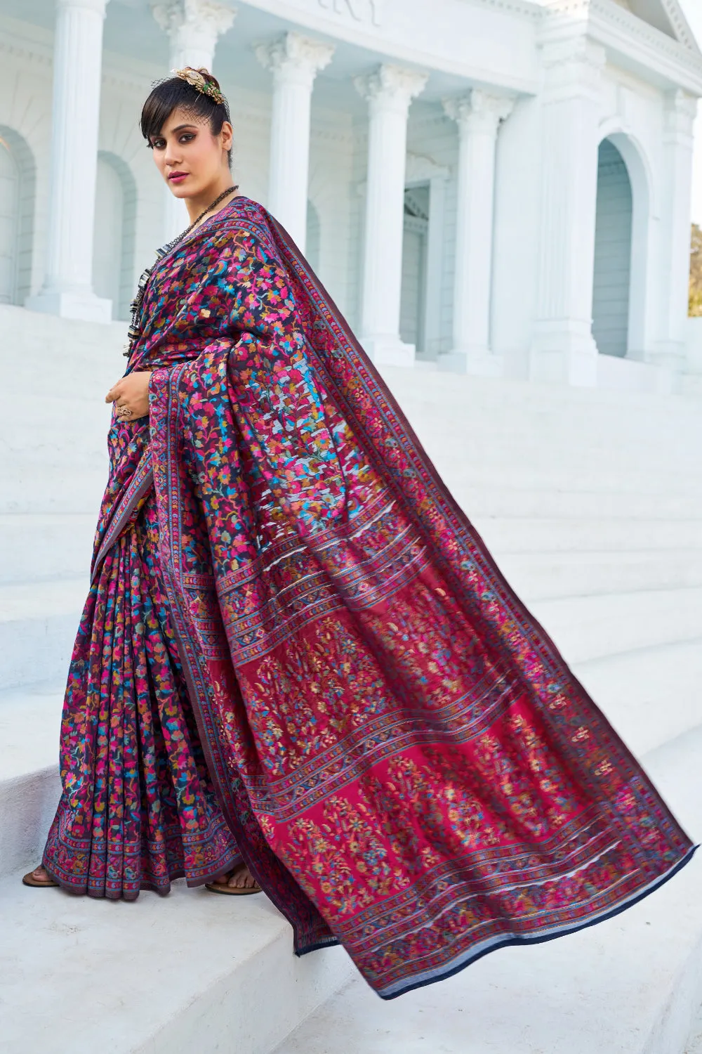 Navy Blue Colour Kashmiri Handloom Weaving Saree With Blouse