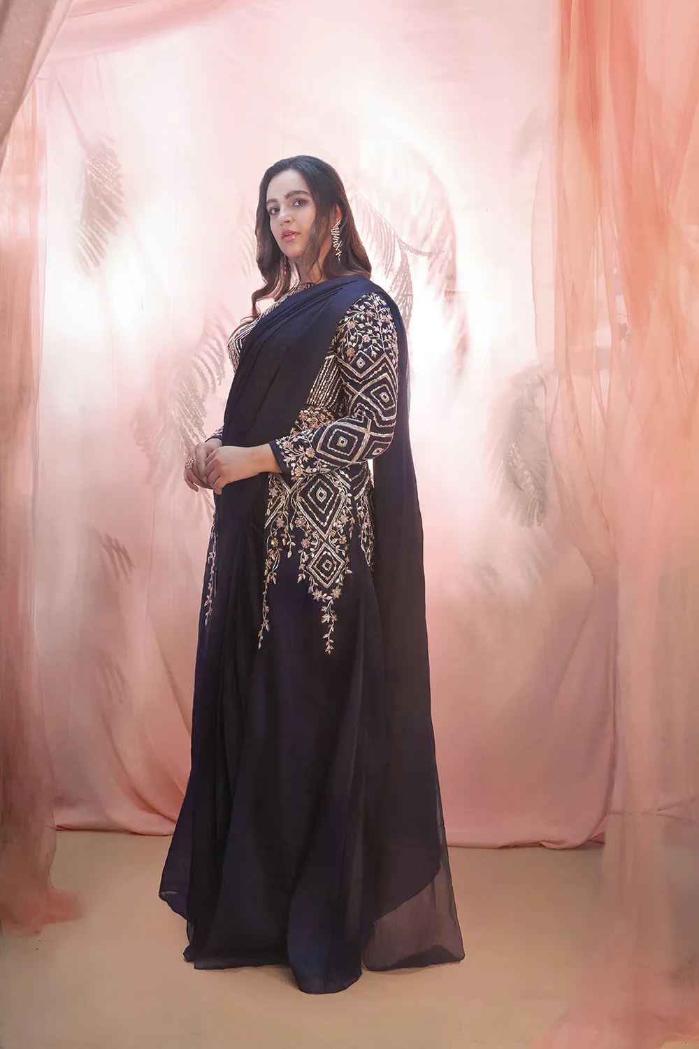 Navy Blue Jacket Saree Set