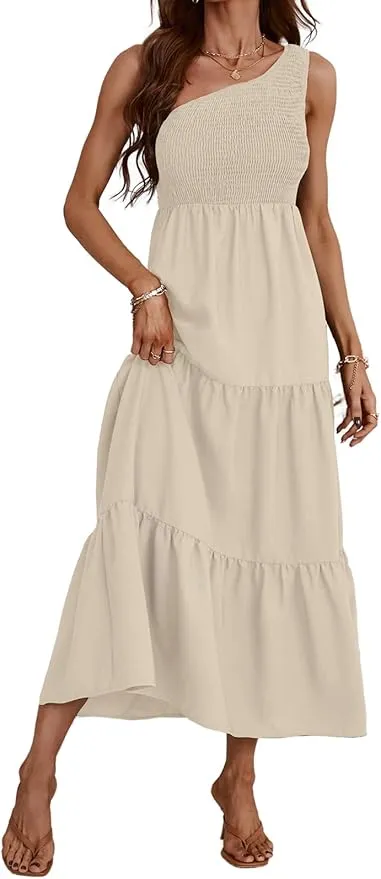 New CUPSHE Women's Summer One Shoulder Dress Flowy Swing Tiered Smocked Fitted Sleeveless Maxi Dress Light Beige Sz L