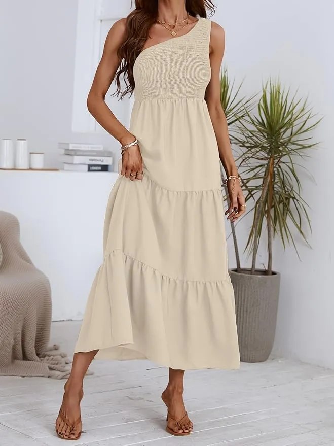 New CUPSHE Women's Summer One Shoulder Dress Flowy Swing Tiered Smocked Fitted Sleeveless Maxi Dress Light Beige Sz L