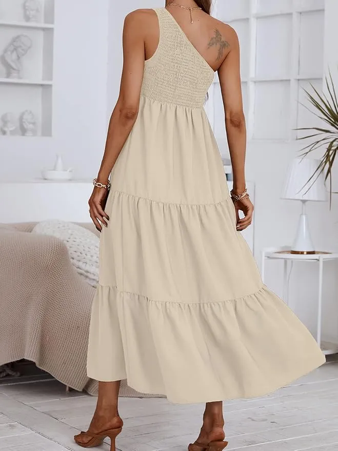 New CUPSHE Women's Summer One Shoulder Dress Flowy Swing Tiered Smocked Fitted Sleeveless Maxi Dress Light Beige Sz L