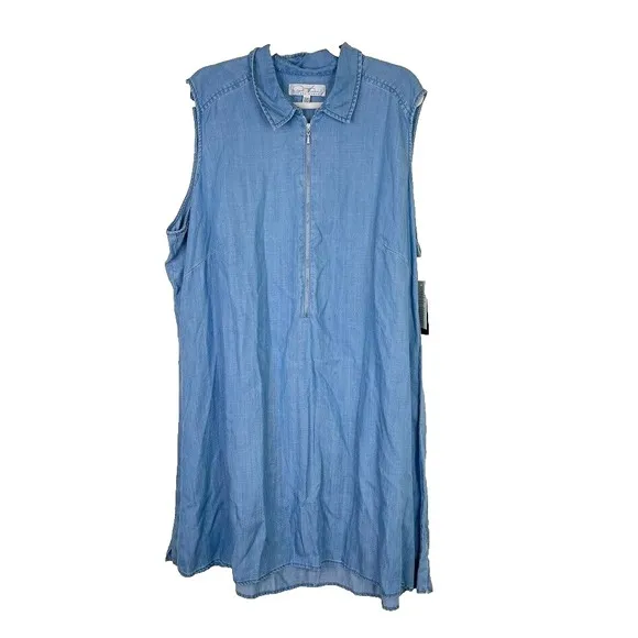 NEW Diane Gilman Size 2X Mini Shift Tank Dress Chambray 1/2 Zip Blue Resort Wear