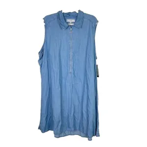 NEW Diane Gilman Size 2X Mini Shift Tank Dress Chambray 1/2 Zip Blue Resort Wear