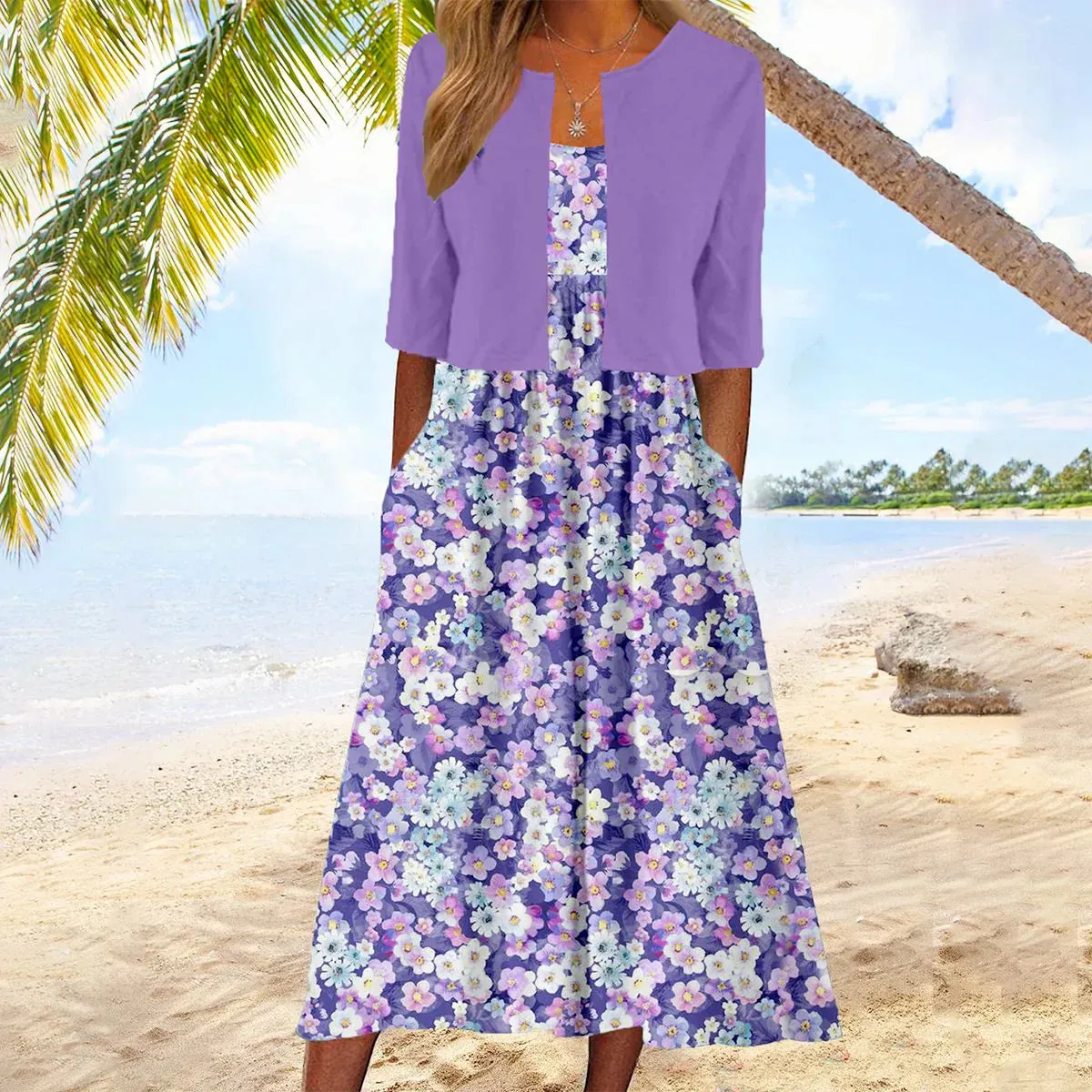 NEW Purple Floral Print Midi Dress With Jacket, Sz M, Retails $94