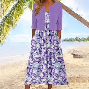 NEW Purple Floral Print Midi Dress With Jacket, Sz M, Retails $94