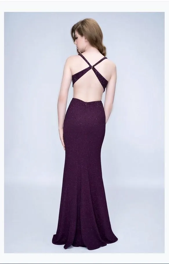 Nina Canacci 1452 Beaded V-neck Shimmer Fabric Trumpet Dress