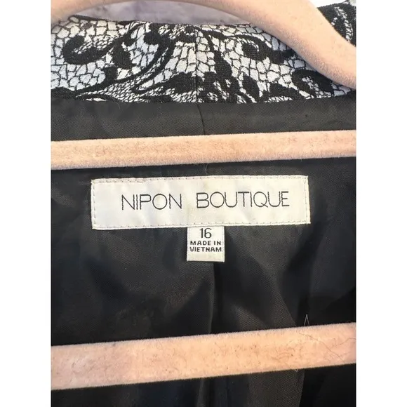 Nipon Boutique Skirt Suit Set Black White Lace Floral Size 16