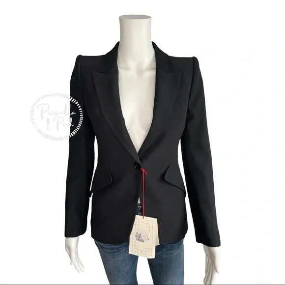 NWT Alexander McQueen Peak Shoulder Leaf Crepe Jacket in Black One Button Blazer IT 36