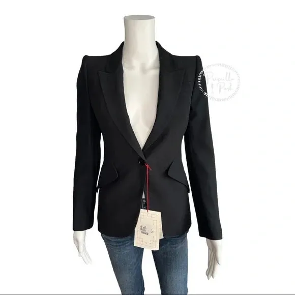 NWT Alexander McQueen Peak Shoulder Leaf Crepe Jacket in Black One Button Blazer IT 36