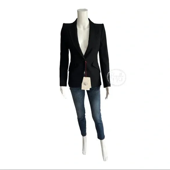 NWT Alexander McQueen Peak Shoulder Leaf Crepe Jacket in Black One Button Blazer IT 36