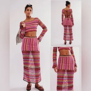 NWT Free People Bali Sunrise Crochet Knit Maxi Skirt Size XS - Multi Rainbow