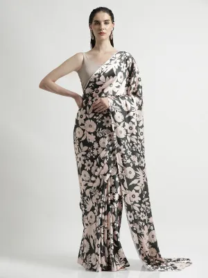 Olive Floral Printed Japan Silk Saree
