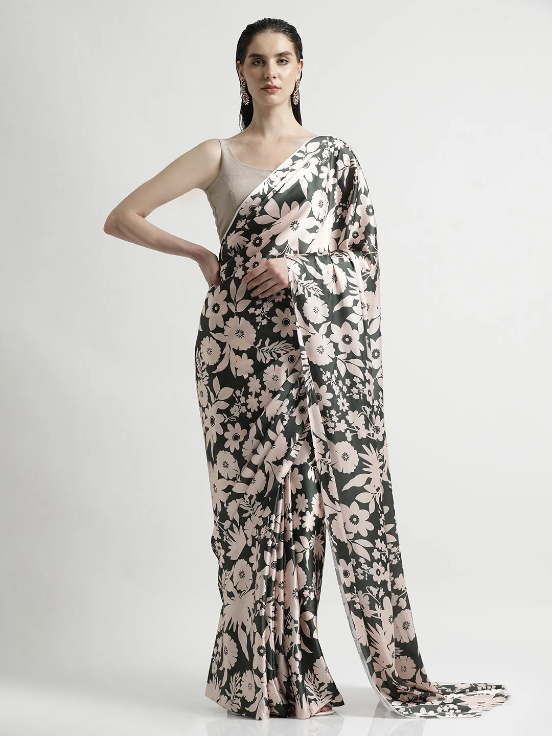 Olive Floral Printed Japan Silk Saree
