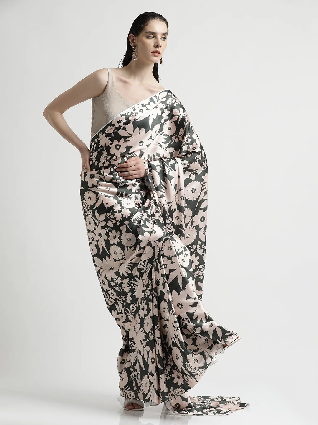 Olive Floral Printed Japan Silk Saree