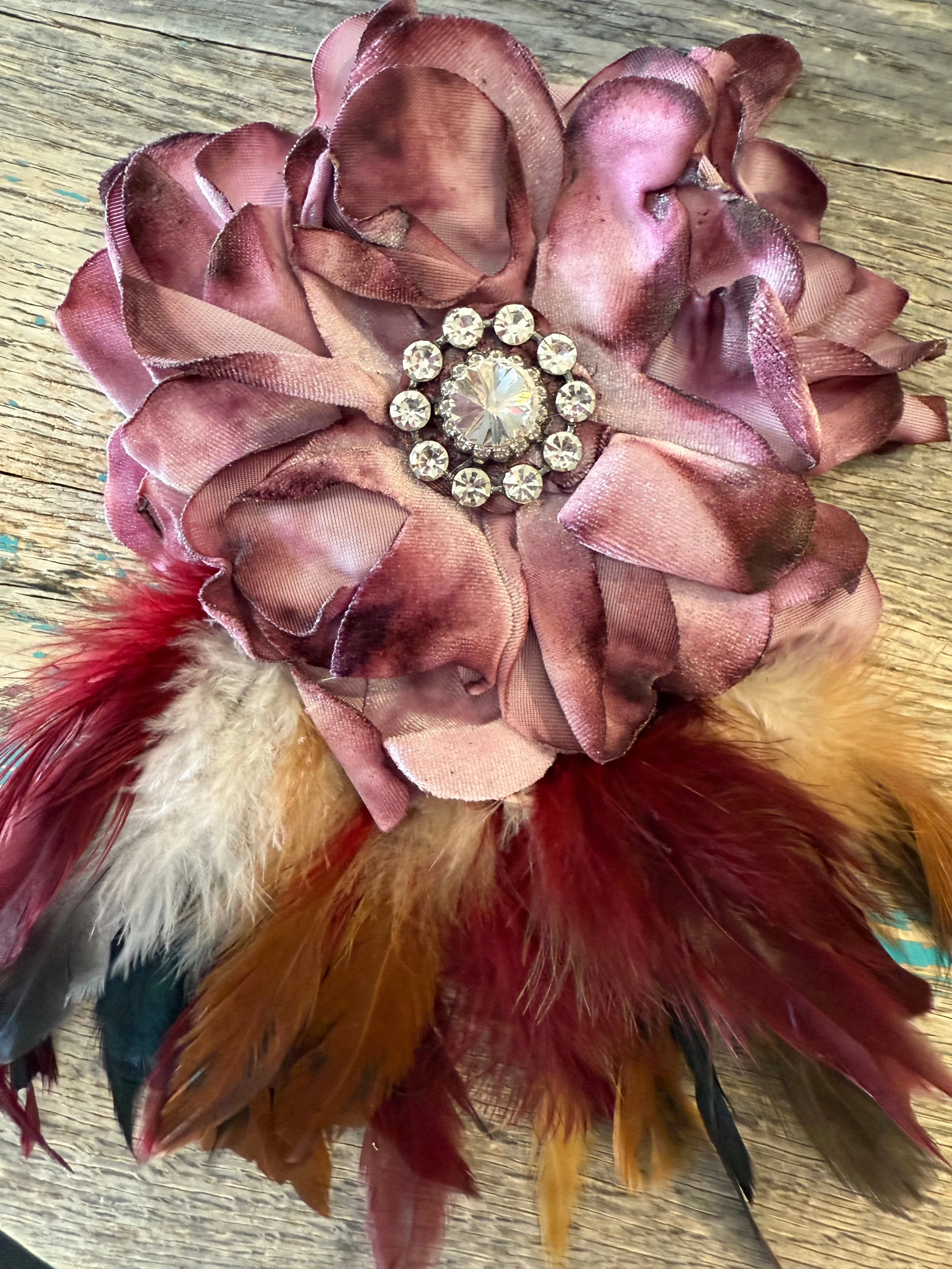 One of a Kind Flower Brooch w/Mauve Feathers