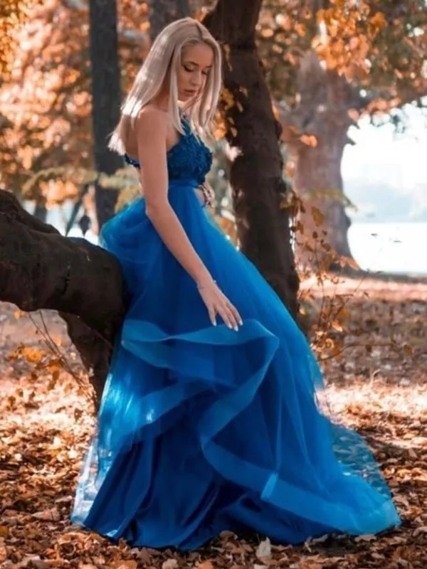 One Shoulder Blue Lace Long Prom Dresses, One Shoulder Blue Formal Dresses, Blue Lace Evening Dresses