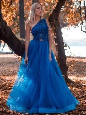 One Shoulder Blue Lace Long Prom Dresses, One Shoulder Blue Formal Dresses, Blue Lace Evening Dresses