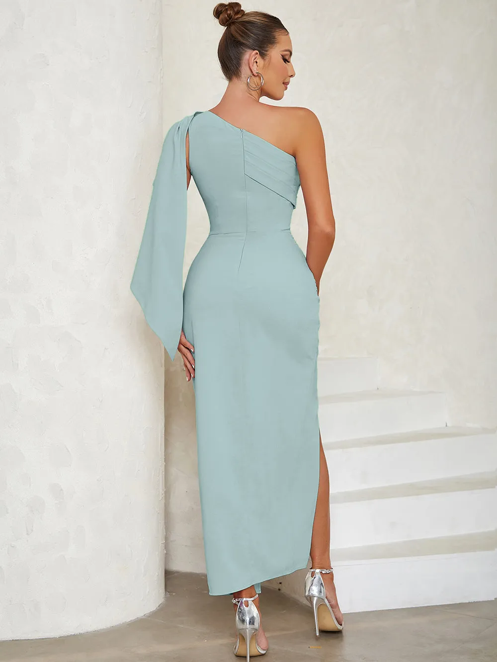 One Shoulder Sleeveless Wrinkled Midi Bodycon Dress HB01340