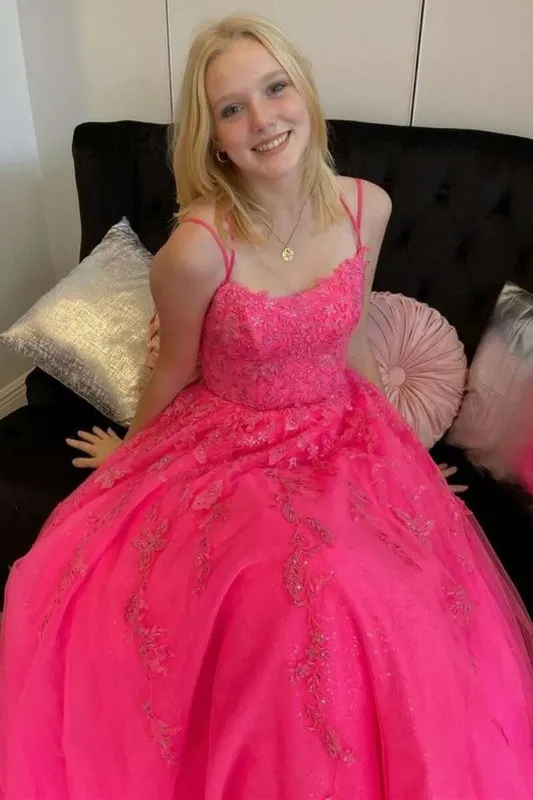 Open Back Hot Pink Tulle Lace Long Prom Dresses, Hot Pink Lace Formal Graduation Evening Dresses