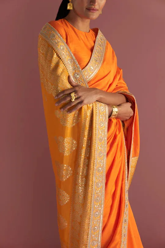 Orange Colour-Block Brocade Saree