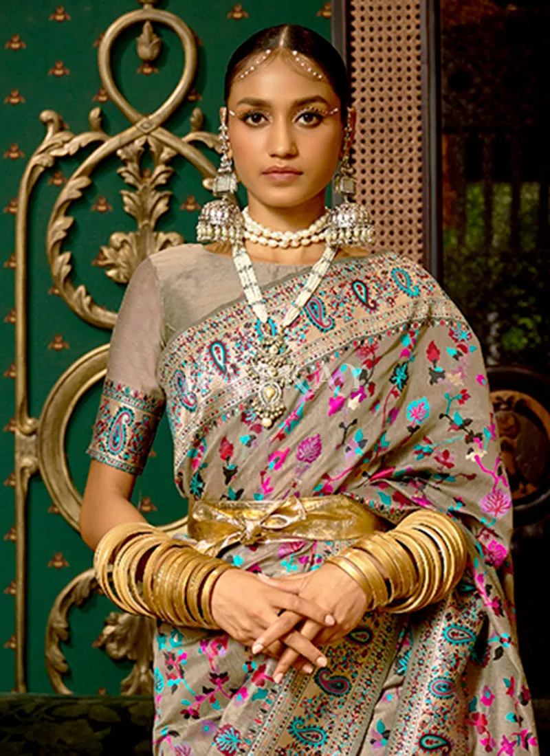 Pale Grey Kashmiri Weaved Silk Saree