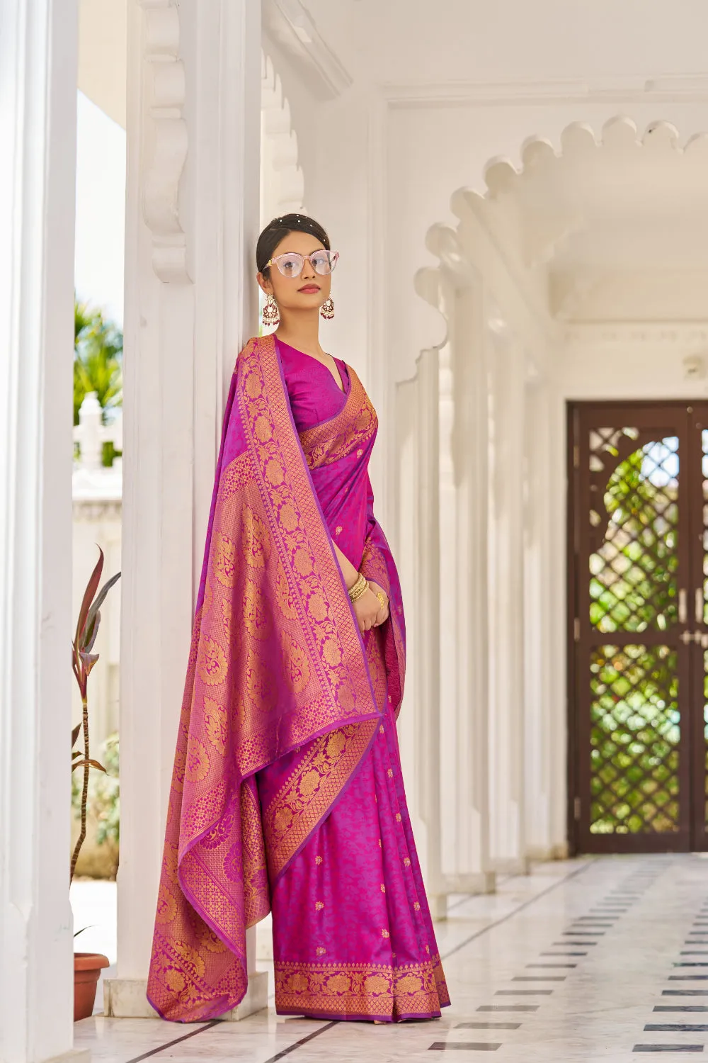 Partywear Mulberry Purple Kanjivaram Weaving Saree