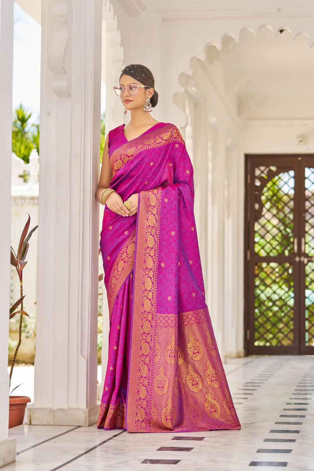 Partywear Mulberry Purple Kanjivaram Weaving Saree
