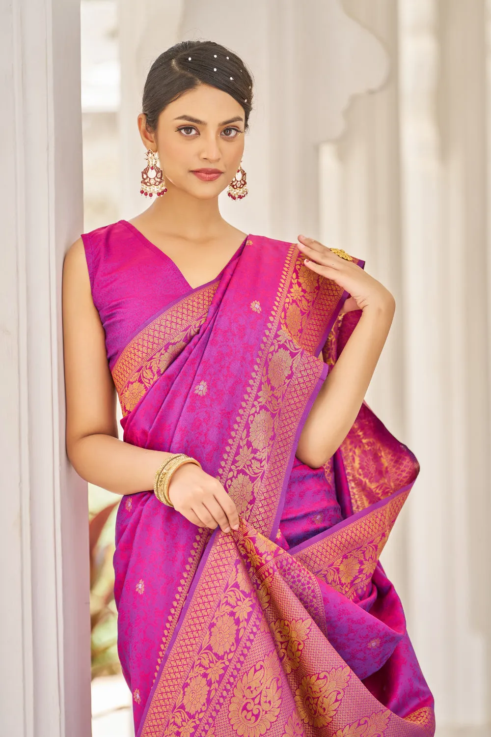 Partywear Mulberry Purple Kanjivaram Weaving Saree