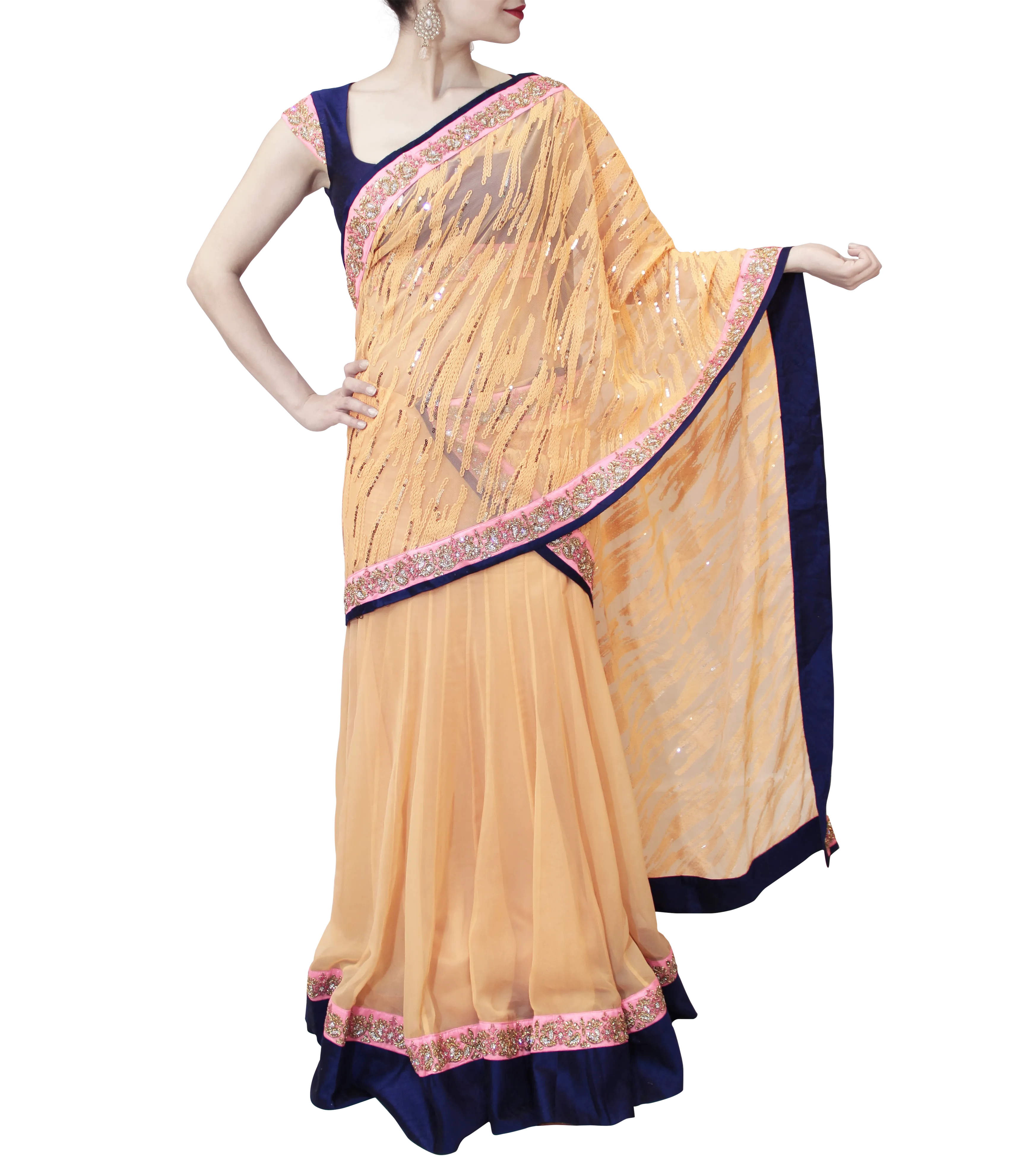 PEACH AND ROYAL BLUE LEHENGA SAREE