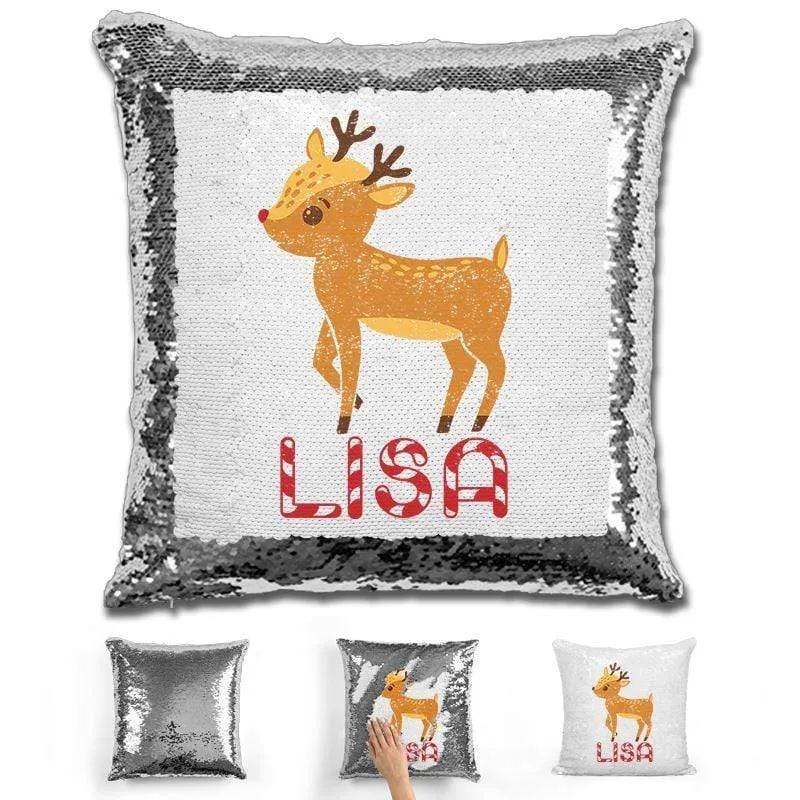 Personalized Reindeer Christmas Magic Sequin Pillow