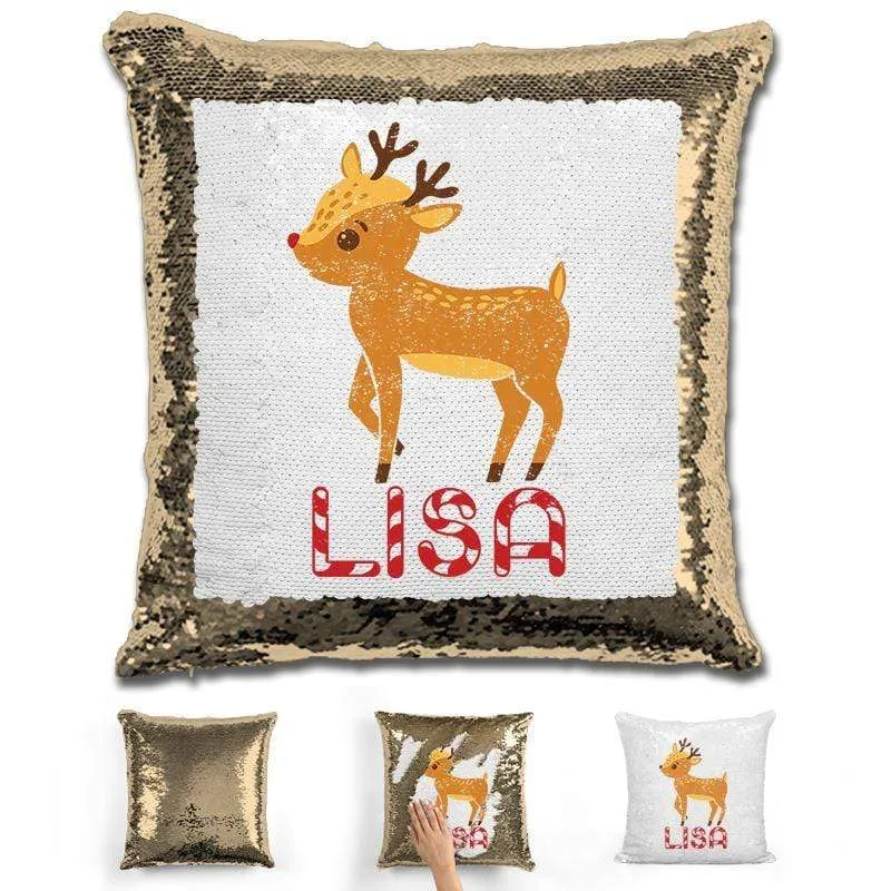 Personalized Reindeer Christmas Magic Sequin Pillow