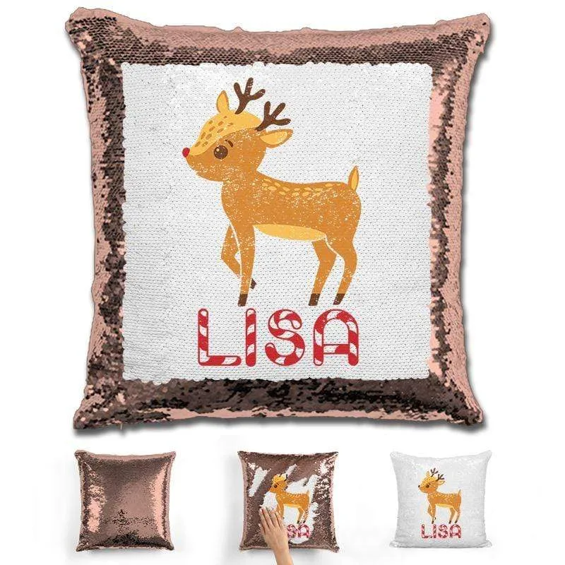 Personalized Reindeer Christmas Magic Sequin Pillow