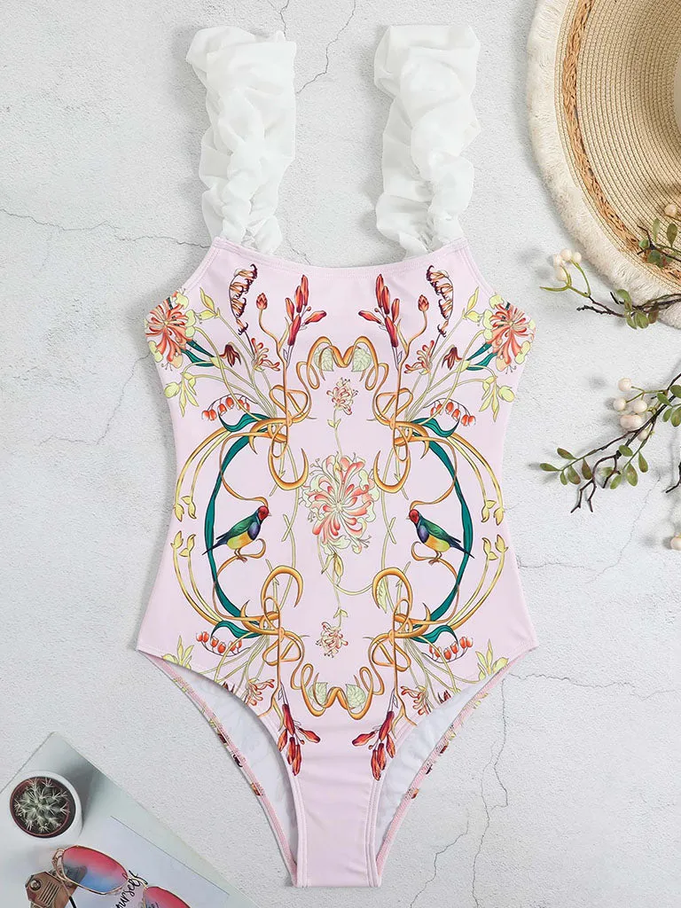 Pink Floral Print Flower Strap One Piece With Bathing Suit Wrap Skirt