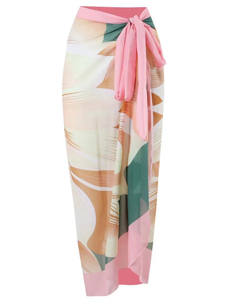 Pink Floral Print Flower Strap One Piece With Bathing Suit Wrap Skirt