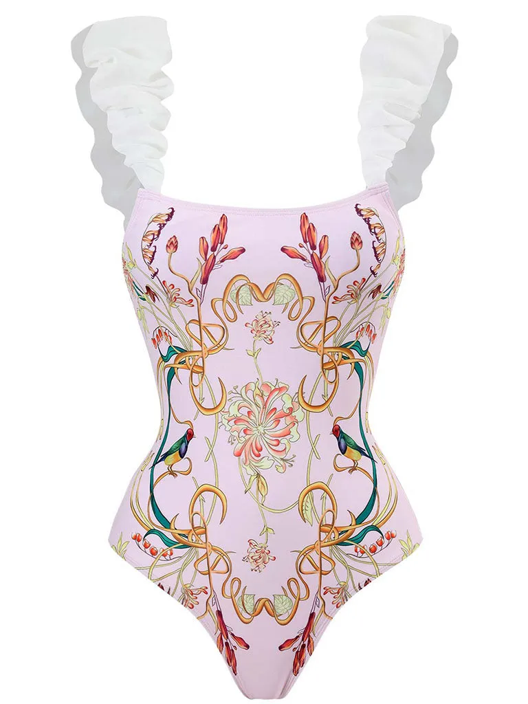Pink Floral Print Flower Strap One Piece With Bathing Suit Wrap Skirt