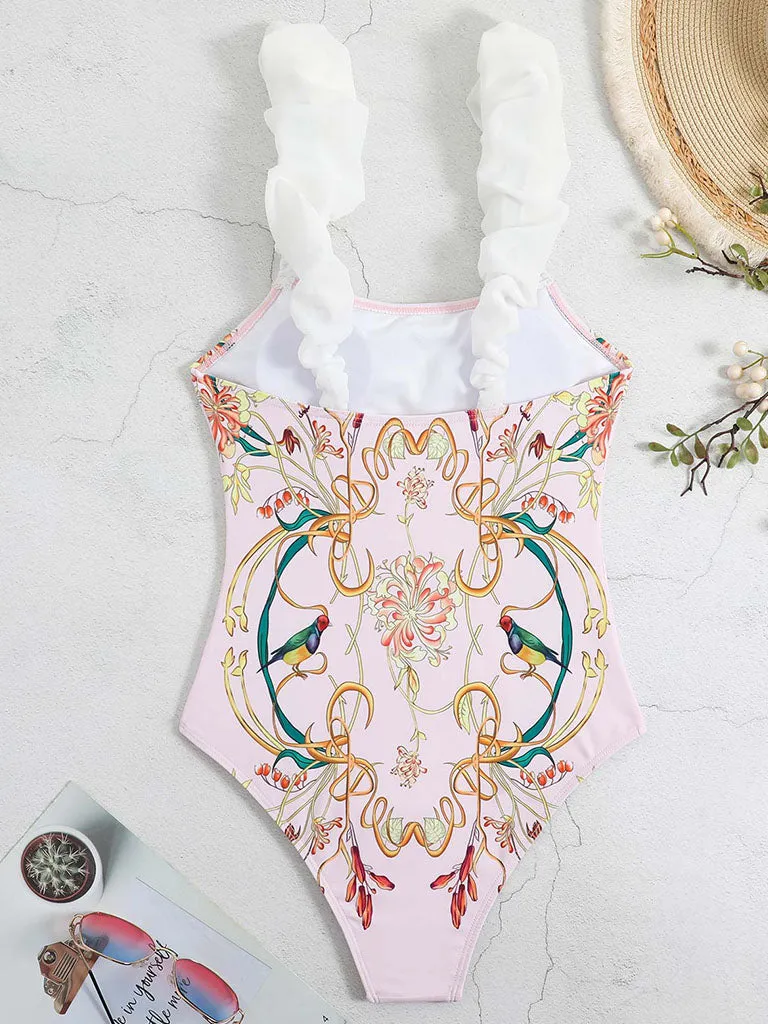 Pink Floral Print Flower Strap One Piece With Bathing Suit Wrap Skirt