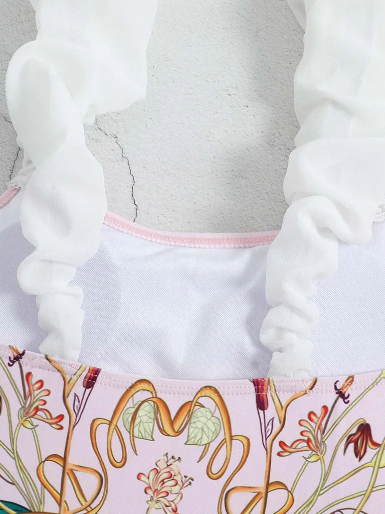 Pink Floral Print Flower Strap One Piece With Bathing Suit Wrap Skirt