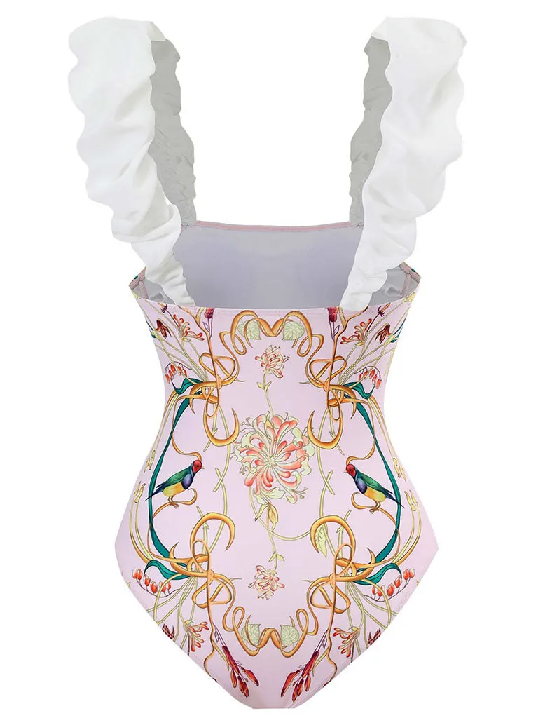 Pink Floral Print Flower Strap One Piece With Bathing Suit Wrap Skirt