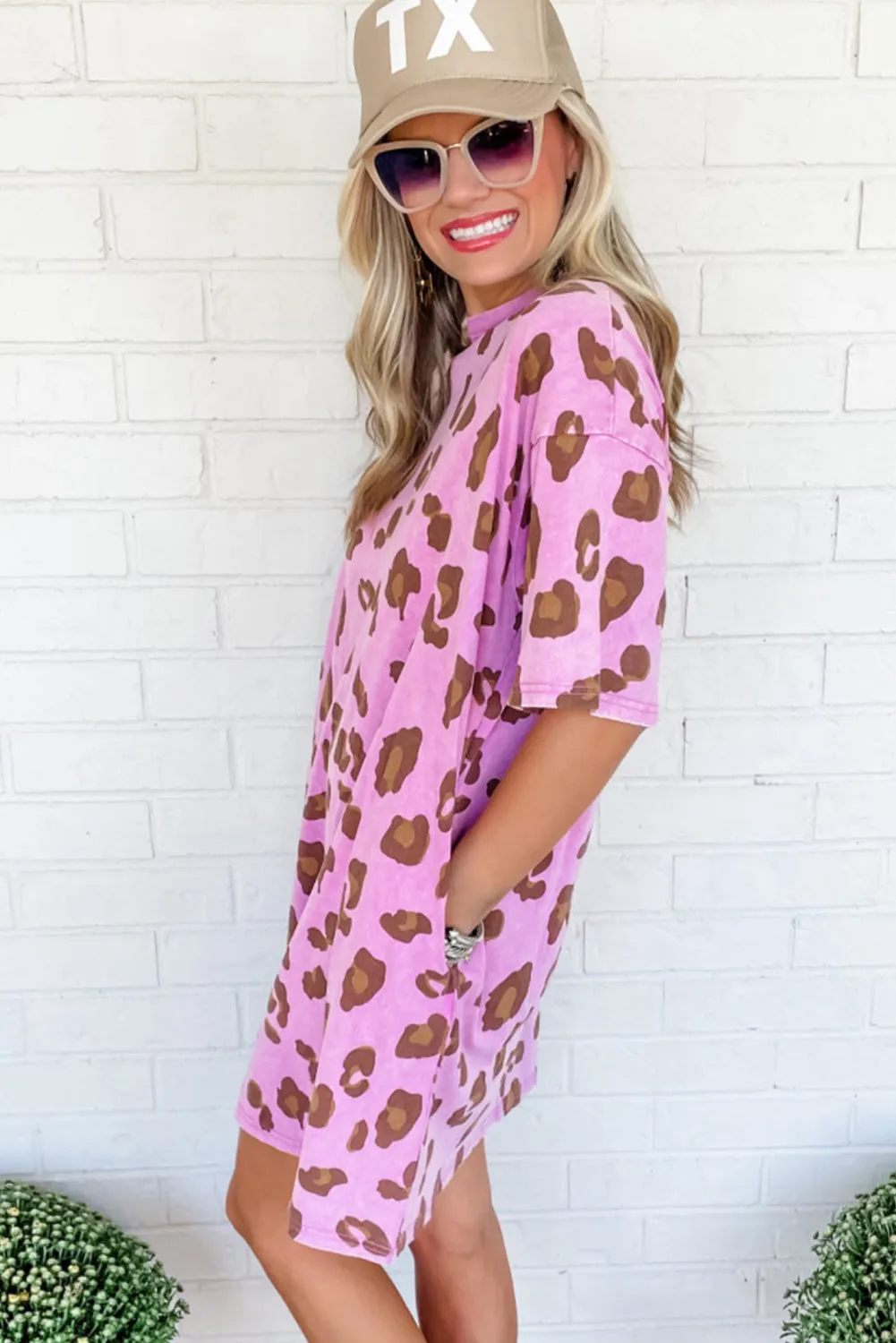 Pink Leopard Mineral Wash Side Pocket Shift Mini Dress