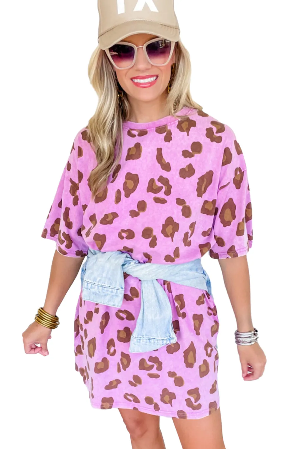 Pink Leopard Mineral Wash Side Pocket Shift Mini Dress