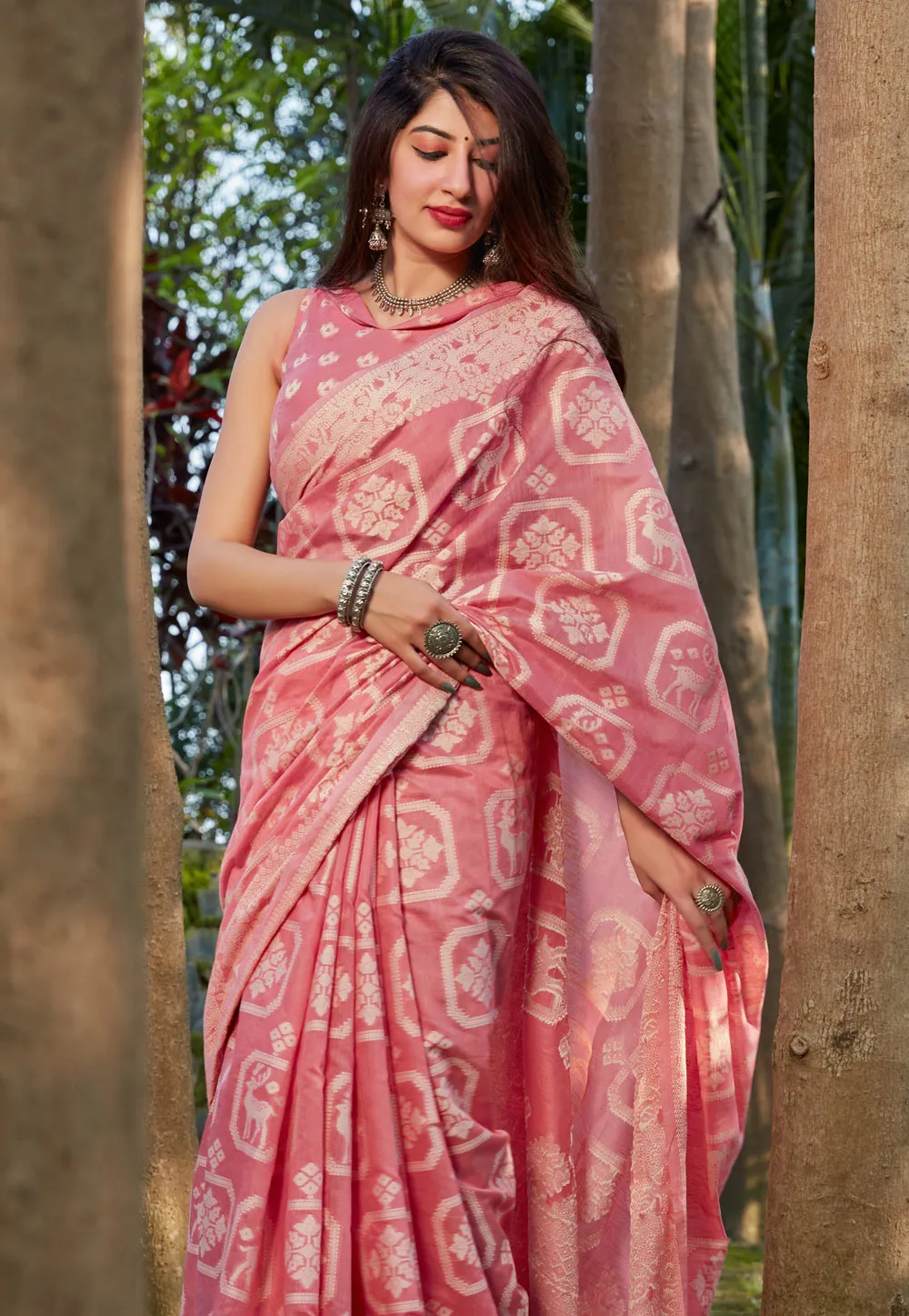 Pink Printed Silk Saree